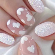 24Pc Short Oval Milky White Small Heart Glitter Powder Full Coverage Wearable Girls Women Nail Art F