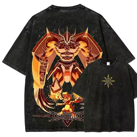 WarGreymon T Shirt Men Digimon Agumon Vintage Acid Wash Streetwear Oversized Retro Japanese Anime Gr