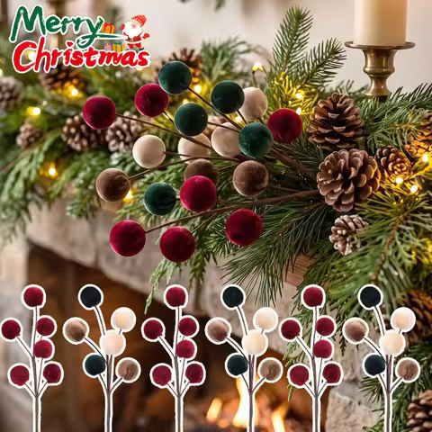 Velvet Ball Picks For Christmas Tree Decoration Fuzzy Pom Pom Ball Artificial Floral Picks For Xmas 