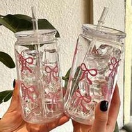 1pc 16oz (473ml) Glass Jar Tumbler With Lid And Straw, Decorated With Bow Pattern, Suitable For Iced