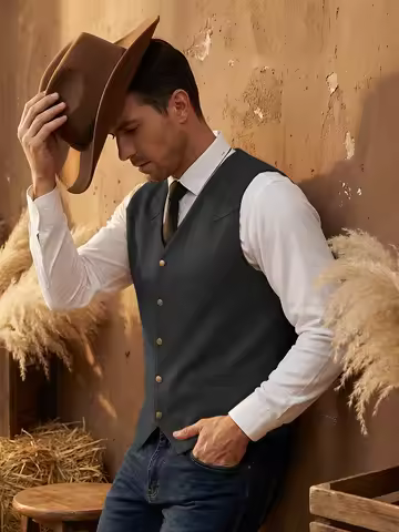 Brown Vest Men's Suede Formal Business Suit Waistcoat Groomsmen For Wedding New Cowboy