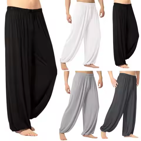 Men's Harem Pants Solid Color Yoga Pants Morning Exercise Tai Chi Pants Casual Wide Leg Pants Long P