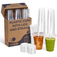 100 Pack 20 oz Plastic Cups with Lids, Clear Disposable Cups with Lids, To Go Iced Coffee Cups, Crys