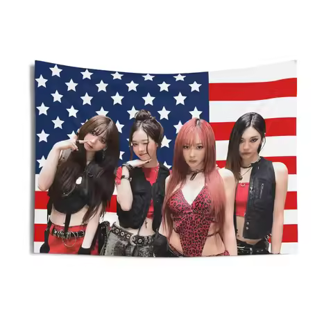 Aespa Giselle Curly Hair American Flag Printed Tapestry Kpop Concert Banner Wall Hanging for Bedroom