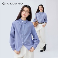 GIORDANO Women Shirts Ruffle Edge Stand Collar Shirts Button Closure Raglan Sleeve Gentle Fashion Ca