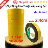 Băng keo 2 mặt xốp vàng đen rộng 2.4cm - 4.5cm dài 6 mét lõi giấy 3mm