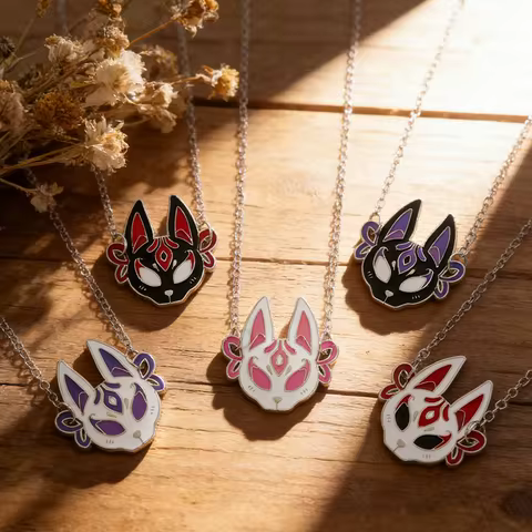 Anime Demon Slayer Fox Mask Necklace, Multiple Color Kitsune Pendant Gift for Demon Slayer Fans Cosp