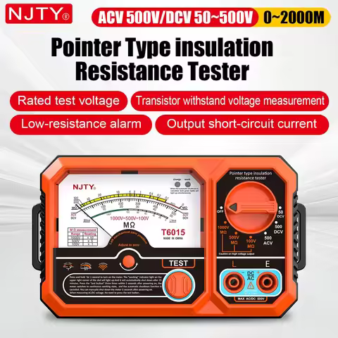 NJTY T6015 Pointer Insulation Resistance Meter AC/DC Voltage Detect 2000MΩ USB Rechargeable Megohmme