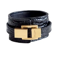 YSL SAINT LAURENT金色開口扣牛皮壓鱷魚皮紋手帶手鐲 奢侈精品牌