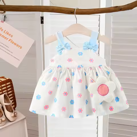 2pc/Set Baby Girl Dress Summer Sleeveless Cute Bow Kids' Dresses+Floral Bag Cotton Casual Dress For