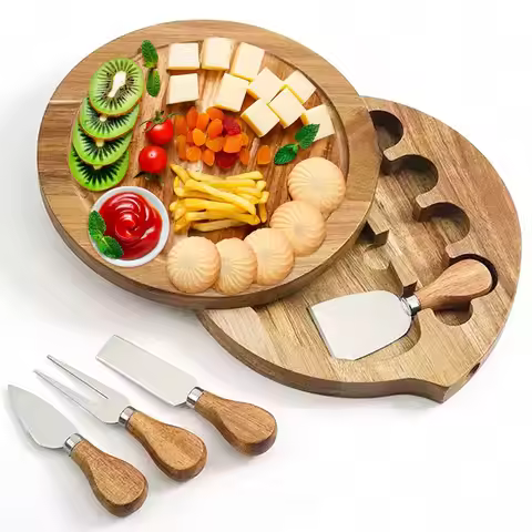 Acacia Wood Round Cheese Board and 4 Knives Set, Charcuterie Boards Set, House Warming Gifts New Hom