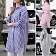 Esolo ZANZEA เสื้อเบลาส์ทรงหลวมสำหรับผู้หญิง,เสื้อเชิ้ตลายทางลำลองแฟชั่นสไตล์เกาหลีขนาดใหญ่ต่ำ