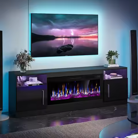 Fireplace with TV Stand 36" inch Electric Fireplace Up to 80" TVs, LED Light Entertainment Center, 7