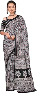 Women's Ajrak Block Print Dola Silk Saree With Unstitched Blouse Piece