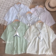 [REAL PHOTO/READY STOCK] Short-sleeved striped shirt with silk scarf A2301