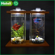 [HATELI] Aquarium Set Creative Bamboo and Wood Ecological Fighting Fish Tank Desktop Mini Fish Tank Aquarium （(Including Cover, Lamp, Bottom Sand, Middle Baffle)）