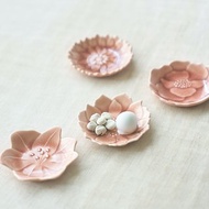 日本瀨戶燒 珊瑚色豆皿 四枚入 |牡丹|銀蓮花|孤挺花|大麗花 套組