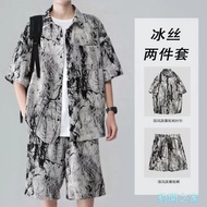 [Leopard Open House] M-8XL Tie-Dye Ice Silk Short-Sleeved Flower Shirt Suit Boy Large Size Casual Sp