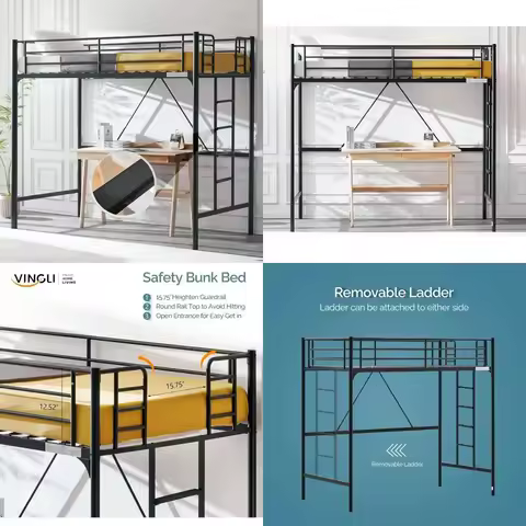 Twin Size Heavy Duty Metal Loft Bed with Flat Ladder for Kids, Teens, Adults - 71 Inches Tall Single