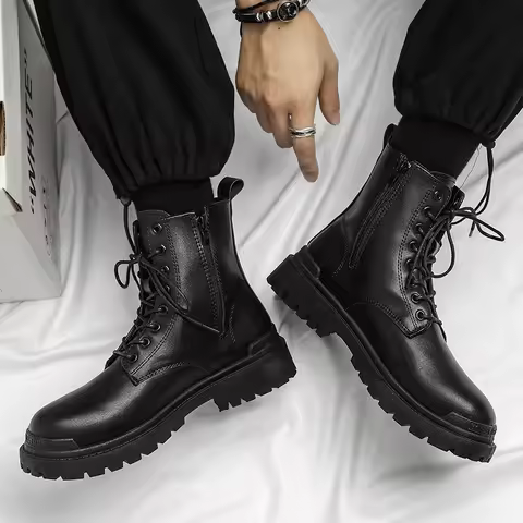 Leather Black Men's Biker Boot Fashion YoungWaterproof Trendy Boots Man Autumn Winter High Top Class