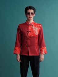 (JUN) CNY Shirt เสื้อตรุษจีนผู้ชาย สีแดงเข้มแต่งลายแดงสด รุ่น LHONG