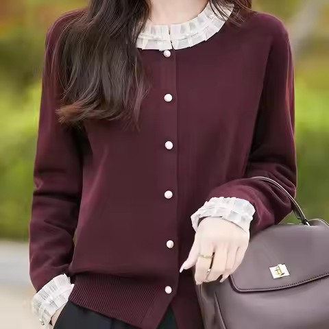 Thickened Heavyweight Knitted Lace Collar Cardigan Women Short Outerwear Sweater Fashionable New Sty