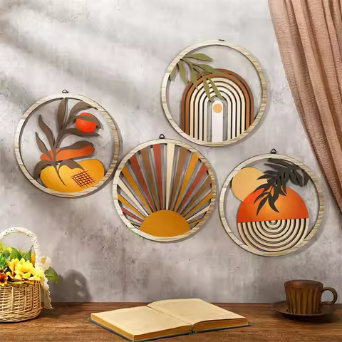 4Pcs Wooden Wall Bohemian Wall Art Farmhouse Bohemian Country Yard Decoration Round Shape Wall Hangi
