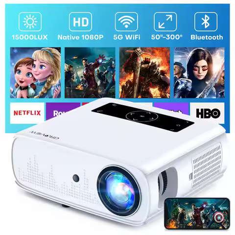 GROVIEW 1080P Projector, 15000 Lux, 490 ANSI, WiFi/Bluetooth, 300'' Screen, 4K Support, Zoom, 5G Syn