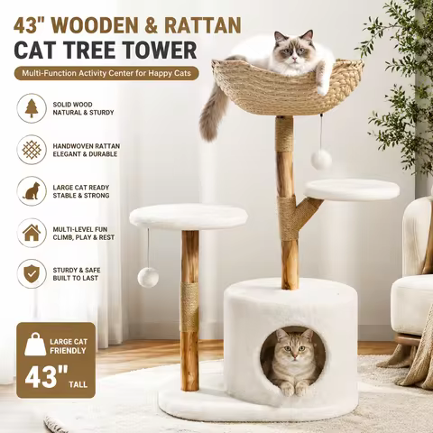 43 Inch Wooden Cat Tree Tower with Rattan, Large Cat Climbing Furniture, Multi-Level Activity Center