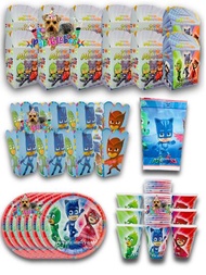 Kit de Fiesta 30 Invitados de Personaje Heroes en Pijama PJMASKS 121 pz Artículos Decoración Cartón Platos Vasos Dulceros Palomeros + Mantel