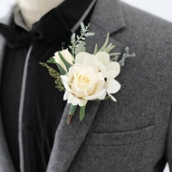 Boutonnieres ดอกไม้ประดิษฐ์ดอกกุหลาบสีขาวผ้าไหมงาช้าง Corsage Buttonhole เจ้าบ่าว Boutonniere สําหรั