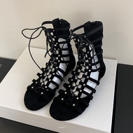 Bohemian Rỗng La Mã Dài Boot Đeo Chéo Dây Đeo Vai Giày Sandal Nữ Mùa Hè Hở Mũi Giày Đi Biển Đáy Bằng