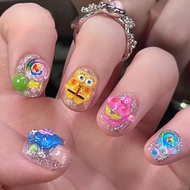 Summer Manicure Cute Cartoon SpongeBob Nail Stickers Wearable Nails Short Nails