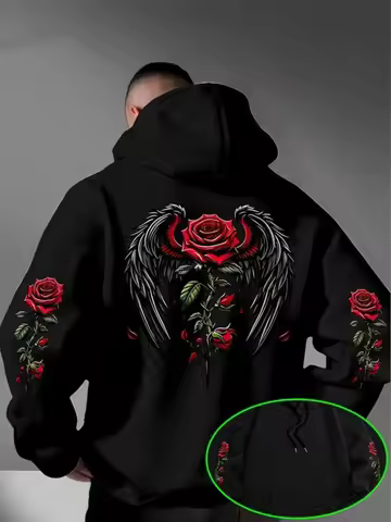 Men Rose Wing Hoodie Gothic Red Rose Angel Wing Graphic Print Loose Fit Streetwear Pullover Sweatshi
