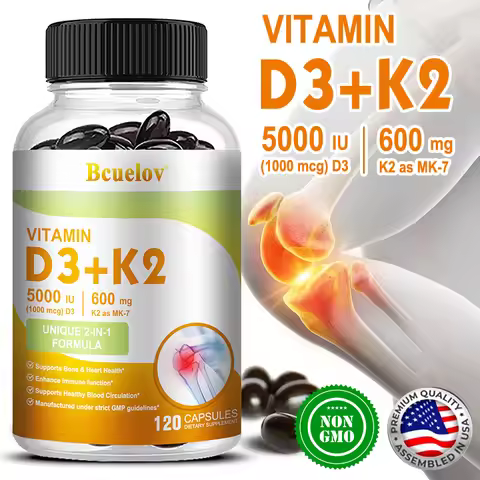 Bcuelov Vitamin D3+K2, 5000 IU Vitamin D3, non-GMO formula, easy-to-swallow vitamin D and K complex 