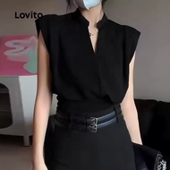 (Trendy) Lovito Casual Plain Pleated Double Layer Blouse for Women L128ED374