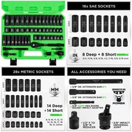 JEJE 3/8'' Drive Impact Socket Set, 50-Piece SAE & Metric, 6 Point, Cr-V, Includes Ratchet, Extensio