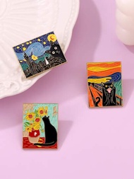 3入組/套可愛卡通貓&amp;向日葵形油畫風格合金胸針