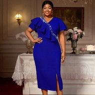 Đầm suông AOMEI cổ chữ V xếp nếp không đều cho nữ Reinstone cỡ lớn