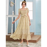 A2759 Miss M Fashion Premium Self Belt Square Neck Ditsy Floral Shirred Babydoll Smock Dress