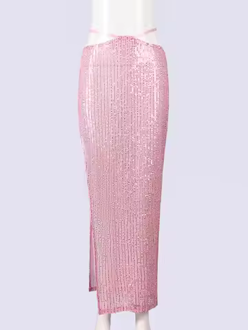 Fashion Solid Beach Sequin Women's Casual Lace Up Low Waist Slit Maxi Skirt Summer 2026 New Beachwea