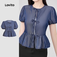 Lovito Casual Denim Top Bow Tie Back Spring/summer Navy Blue Denim Top for Women L144AD017 Lovito To