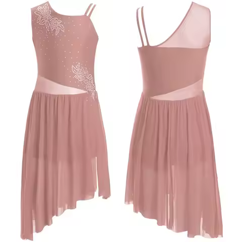 Kids Girls Ballet Lyrical Dance Dress Sleeveless Rhinestones Gymnastics Leotard Dress Modern Contemp