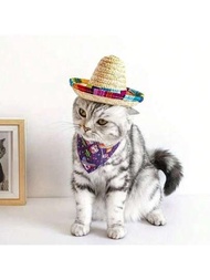 1頂寵物墨西哥風稻草帽子,可調節小型動物帽子,頭飾