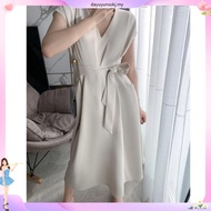 ANVERS | Women Ball Gown European V Neck Plain Belted Pocket Dress DR0003