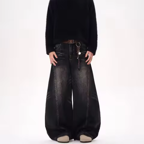 Unisex American Vintage Washed Denim Jeans Loose Curved Wide‑Leg Couple Casual Streetwear Trousers M