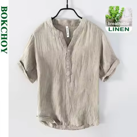 Summer New Vintage Pure Linen Short Sleeve T Shirt for Men Thin Solid Color Slim Men Clothing Big Si
