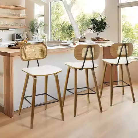 Set of 3 Mid-Century Modern 26" Counter Stools - PU Leather, Rattan Back, Wood (for Kitchen Island)