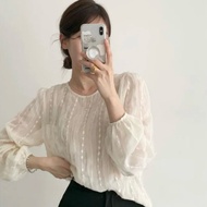 Korea chic Gentle Temperament Slightly Transparent Puff Sleeve Lace Top 8635