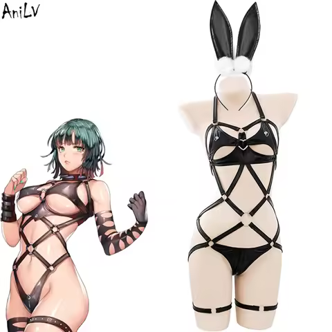 AniLV New Anime Girl Leather Strap Bandage Bodysuit Unifrom Cosplay Women Bunny Pajamas Lingerie Out